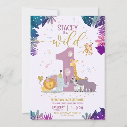 かわいいジャングルサファリアニマルガールワイルドワン誕生日 招待状 (正面)