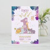 かわいいジャングルサファリアニマルガールワイルドワン誕生日 招待状 (スタンド正面)