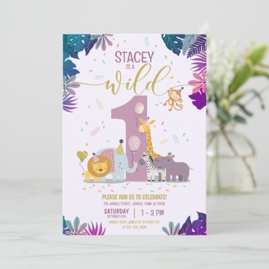 かわいいジャングルサファリアニマルガールワイルドワン誕生日 招待状 (スタンド正面)