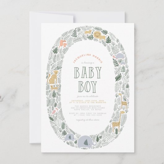 かわいいジャングルサファリアニマルズ男の赤ちゃんベビーシャワー 招待状 (正面)