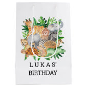 かわいいジャングルサファリアニマルズ1st誕生日パーティー ミディアムペーパーバッグ (裏面)