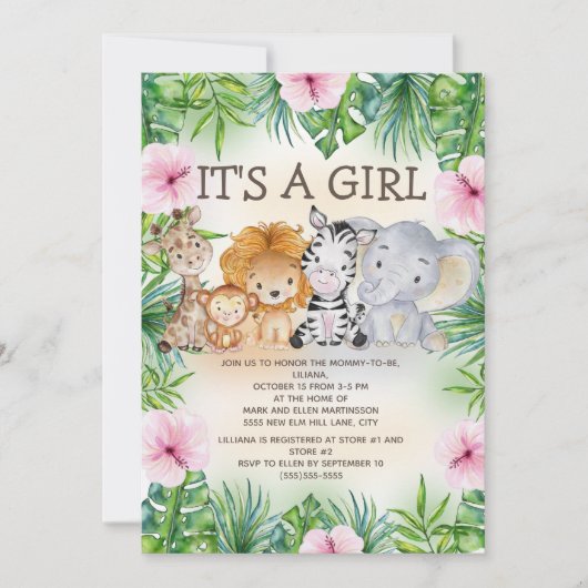 かわいいジャングルサファリアニマルベビーガール 招待状 (正面)