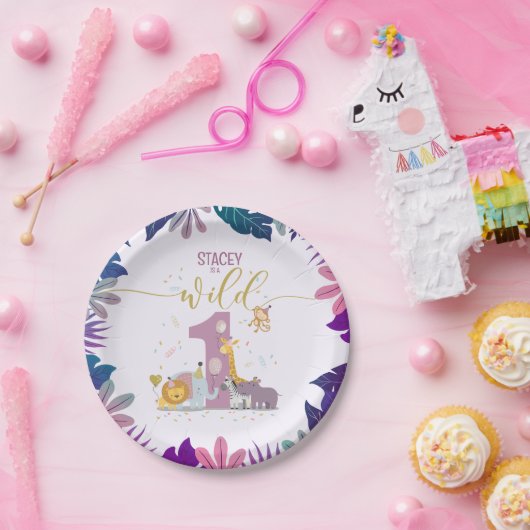 かわいいジャングルサファリアニマルワイルドワンガール誕生日 ペーパープレート (パーティー)