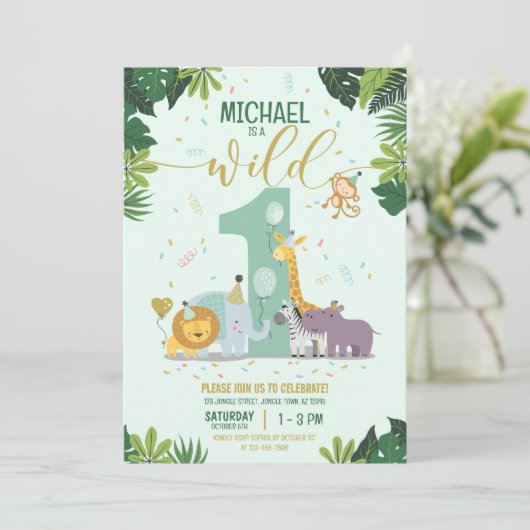 かわいいジャングルサファリアニマルワイルドワン誕生日 招待状 (スタンド正面)