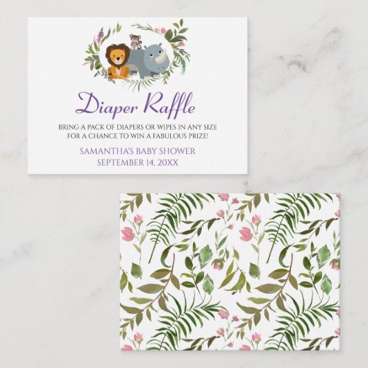 かわいいジャングルサファリオムツラッフルベビーシャワー エンクロージャーカード (正面/裏面)
