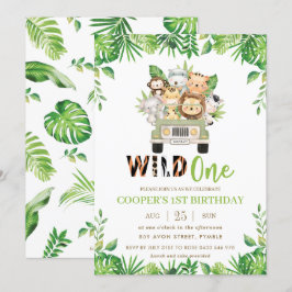 かわいいジャングルサファリカーグリーンリー誕生日ワイルドワン 招待状