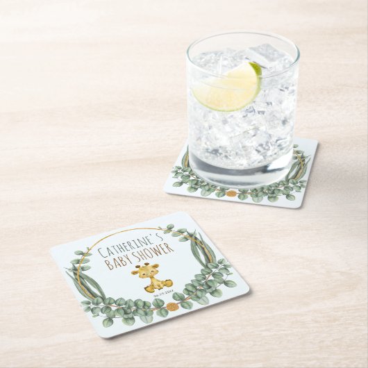 かわいいジャングルサファリキリン赤ちゃんシャワー スクエアペーパーコースター (インサイチュ)