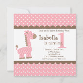 かわいいジャングルサファリピンクキリン誕生パーティー 招待状 (正面)