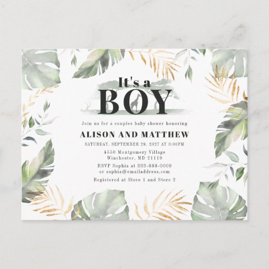 かわいいジャングルサファリベイビーシャワーボーイズキリン インビテーションポストカード (正面)