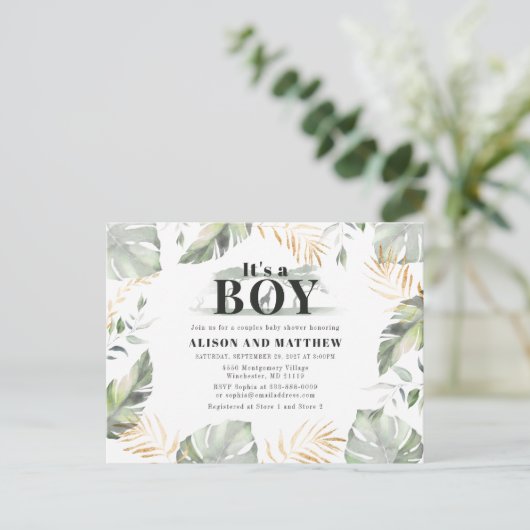 かわいいジャングルサファリベイビーシャワーボーイズキリン インビテーションポストカード (スタンド正面)