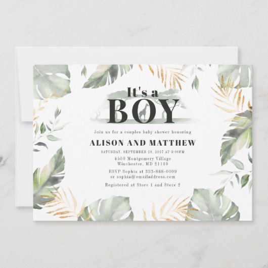 かわいいジャングルサファリベイビーシャワーボーイズキリン 招待状 (正面)