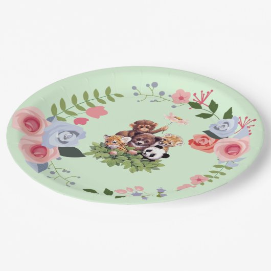 かわいいジャングルサファリ動物のベビーシャワー ペーパープレート (アングル)