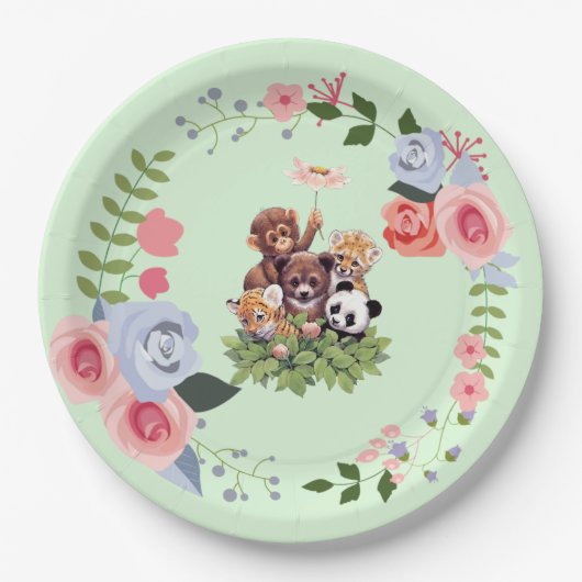 かわいいジャングルサファリ動物のベビーシャワー ペーパープレート (正面)