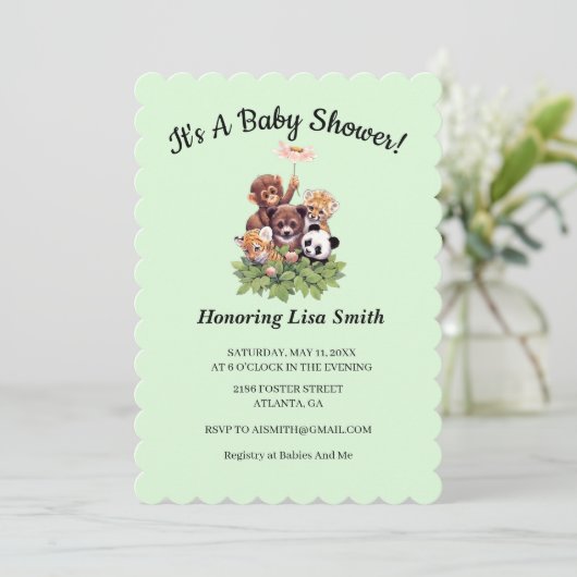 かわいいジャングルサファリ動物のベビーシャワー 招待状 (スタンド正面)