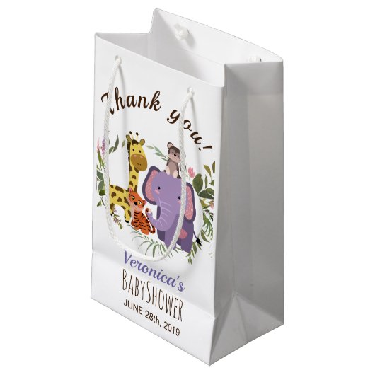かわいいジャングルサファリ動物の水彩赤ちゃんシャワー スモールペーパーバッグ (正面アングル)