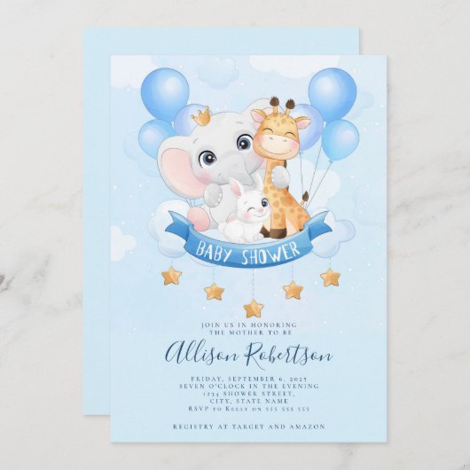かわいいジャングルサファリ動物の水彩赤ちゃんシャワー 招待状 (正面/裏面)