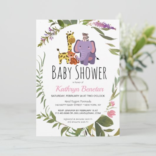 かわいいジャングルサファリ動物の水彩赤ちゃんシャワー 招待状 (スタンド正面)