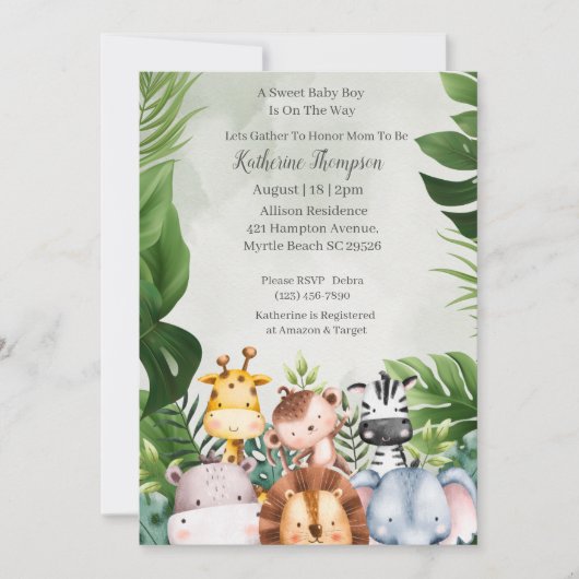 かわいいジャングルサファリ動物の男の子の赤ちゃんシャワー 招待状 (正面)