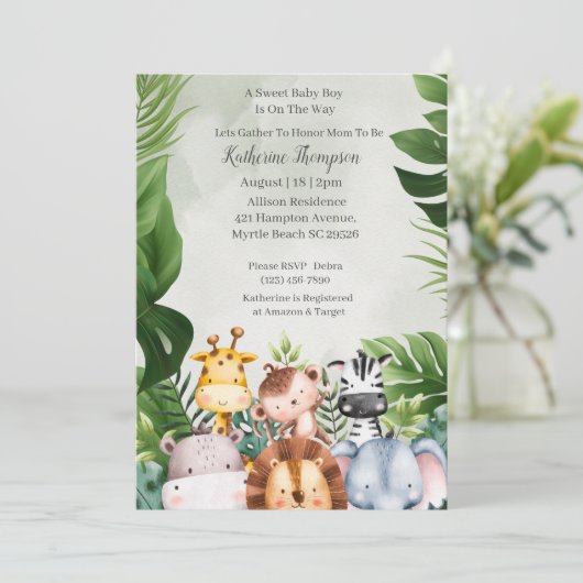 かわいいジャングルサファリ動物の男の子の赤ちゃんシャワー 招待状 (スタンド正面)