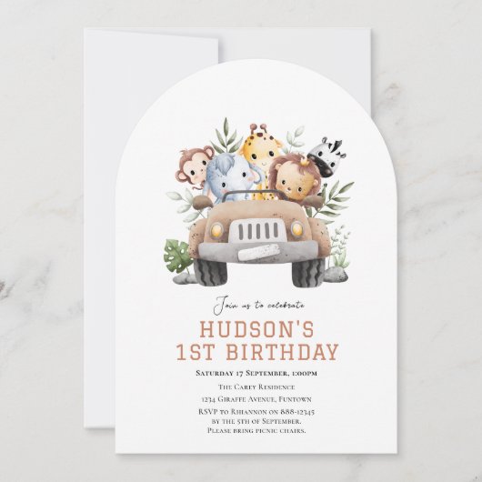 かわいいジャングルサファリ動物の誕生日の招待状 招待状 (正面)