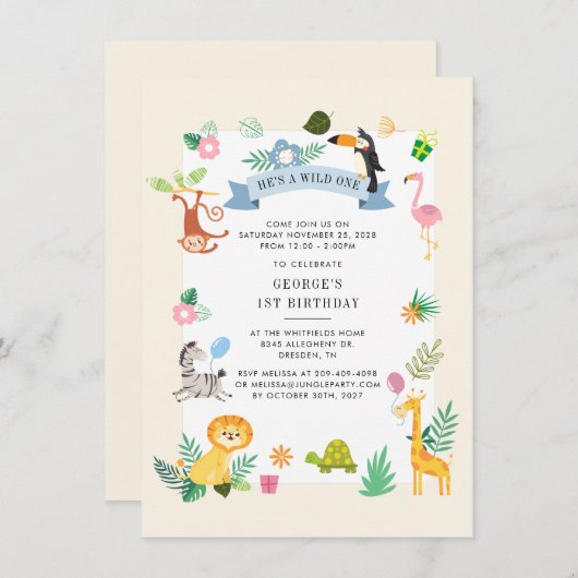 かわいいジャングルサファリ動物の誕生日 招待状 (正面/裏面)