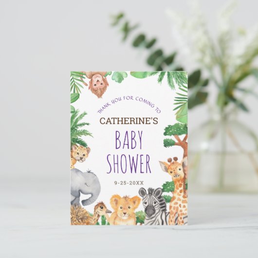かわいいジャングルサファリ動物の赤ちゃんシャワーありがとう ポストカード (スタンド正面)