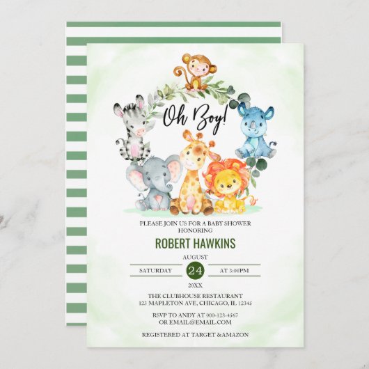 かわいいジャングルサファリ動物オ男の子ベビーシャワー 招待状 (正面/裏面)