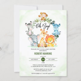 かわいいジャングルサファリ動物オ男の子ベビーシャワー 招待状