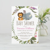 かわいいジャングルサファリ動物ピンクの赤ちゃんシャワー 招待状 (スタンド正面)