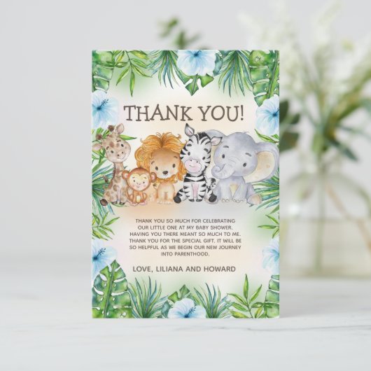 かわいいジャングルサファリ動物男の赤ちゃんシャワー サンキューカード (スタンド正面)