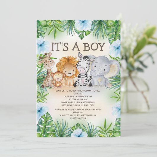 かわいいジャングルサファリ動物男の赤ちゃんシャワー 招待状 (スタンド正面)