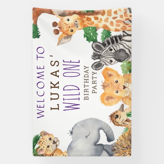 かわいいジャングルサファリ1st誕生日パーティーへようこそ 横断幕 (縦)
