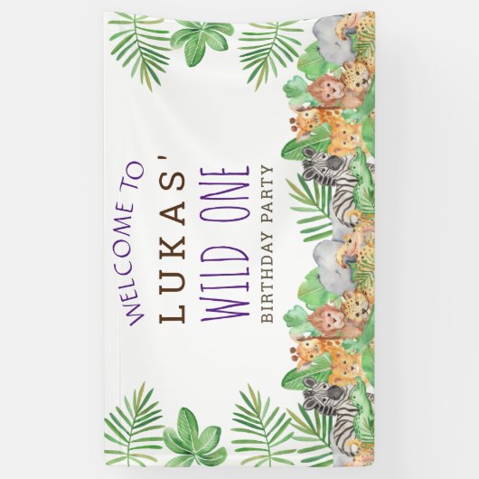 かわいいジャングルサファリ1st誕生日パーティーへようこそ 横断幕 (縦)