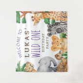 かわいいジャングルサファリ 1歳の誕生日パーティーへようこそ タペストリー (正面)
