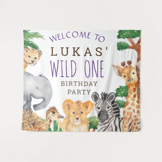 かわいいジャングルサファリ 1歳の誕生日パーティー ウェルカム タペストリー (正面(横))