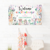 かわいいジャングルパーティー動物ガール誕生日へようこそ 横断幕 (インサイチュ)