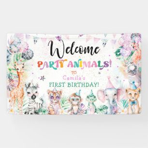 かわいいジャングルパーティー動物ガール誕生日へようこそ 横断幕