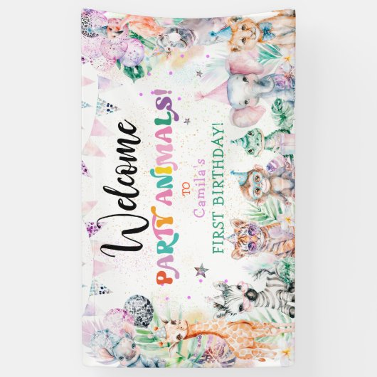 かわいいジャングルパーティー動物ガール誕生日へようこそ 横断幕 (縦)