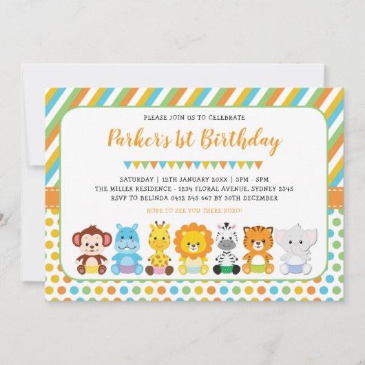 かわいいジャングルベビーアニマルズサファリ1歳の誕生日パーティー 招待状 (正面)