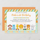 かわいいジャングルベビーアニマルズサファリ1歳の誕生日パーティー 招待状 (正面/裏面)