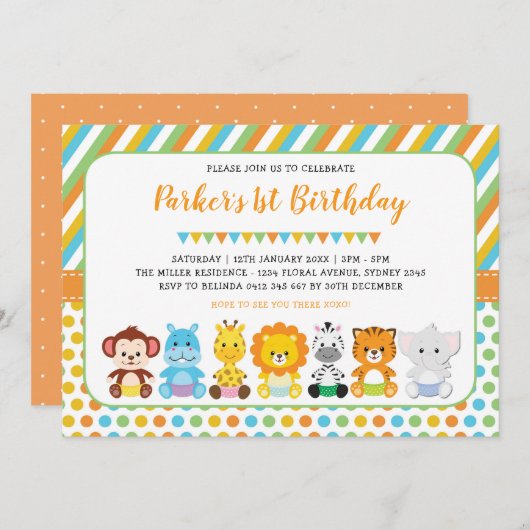 かわいいジャングルベビーアニマルズサファリ1歳の誕生日パーティー 招待状 (正面/裏面)