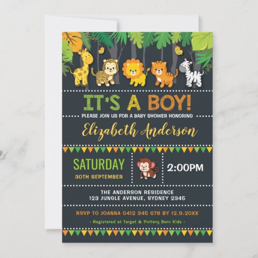 かわいいジャングルボーイ赤ちゃんシャワーサファリアニマルズパーティー 招待状 (正面)