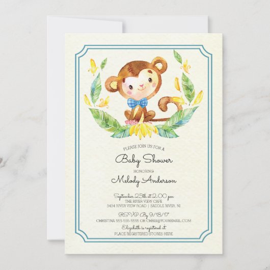 かわいいジャングルモンキーボーイズベビーシャワー招待状 招待状 (正面)