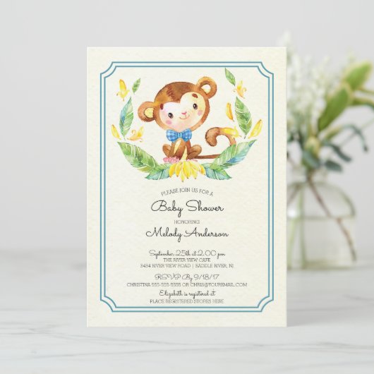 かわいいジャングルモンキーボーイズベビーシャワー招待状 招待状 (スタンド正面)