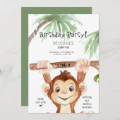かわいいジャングルモンキーボーイ誕生日パーティー 招待状 (正面/裏面)