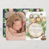 かわいいジャングル動物たちが緑の1歳の誕生日の写真 サンキューカード (正面/裏面)