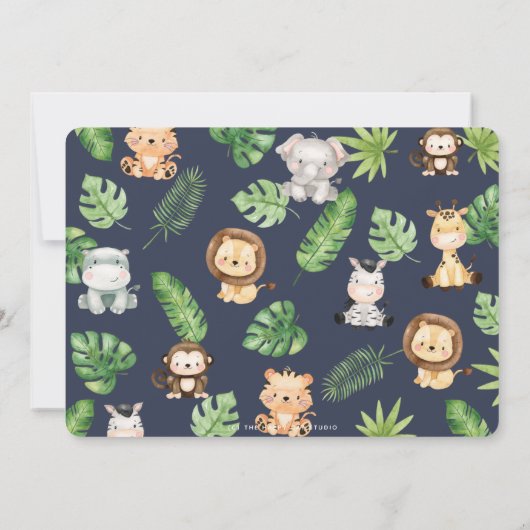 かわいいジャングル動物たちが緑の1歳の誕生日の写真 サンキューカード (裏面)