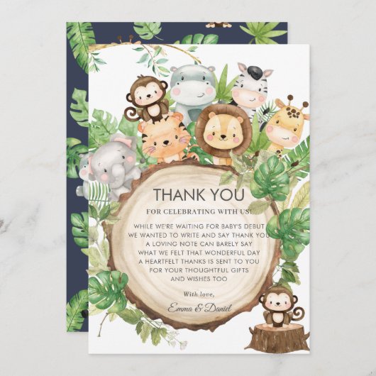 かわいいジャングル動物たちの緑のベビーシャワー サンキューカード (正面/裏面)