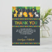 かわいいジャングル動物のサファリの男の子のベビーシャワー サンキューカード (スタンド正面)