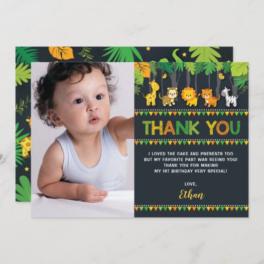 かわいいジャングル動物のサファリの野生の1つの誕生日の写真 サンキューカード (正面/裏面)